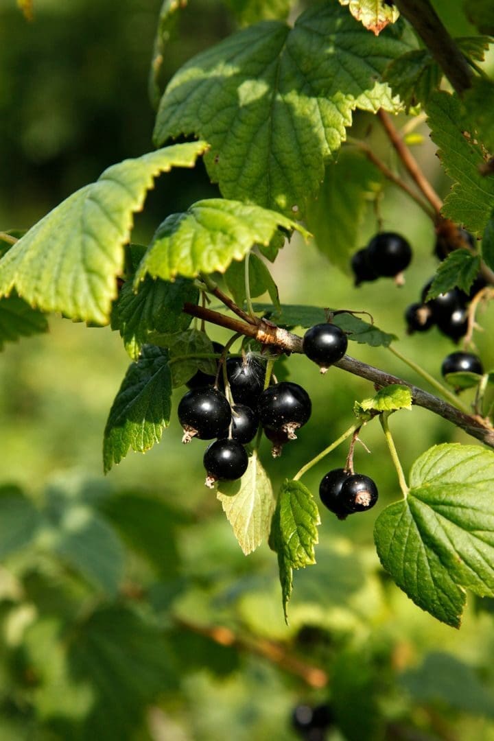 High-resolution image of ripe black currant berries with vibrant green leaves in natural sunlight.