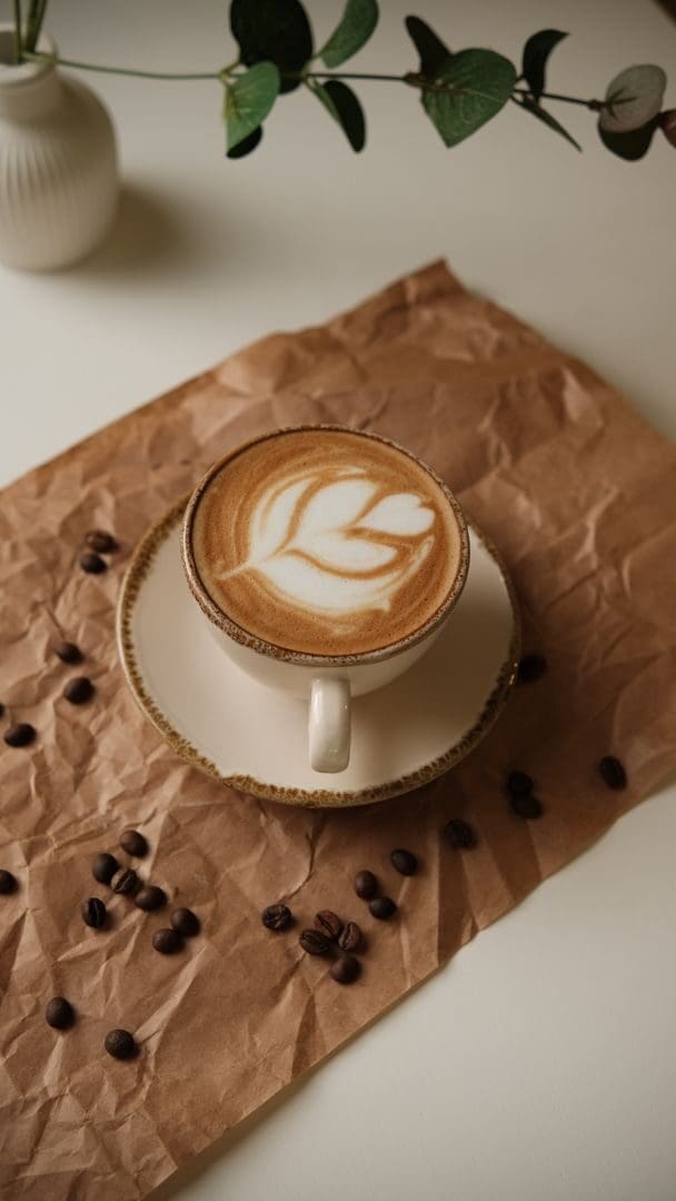 A delicate latte with froth art surrounded by coffee beans on brown paper.