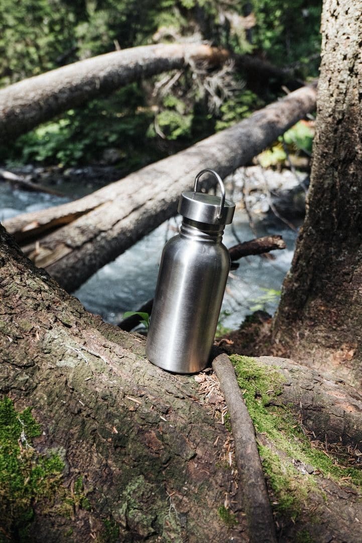 Stainless steel water bottle on a mossy tree trunk near a forest stream, nature scene.
